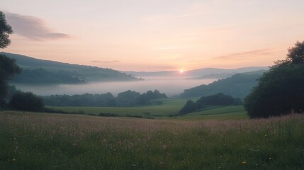 Naklejka premium Stunning sunrise over misty hills and valleys, creating a calm landscape. Nature awakens as the sun rises softly in the sky.