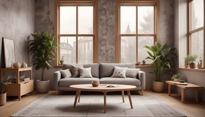 Scandinavian living room interior design zoom background,Doodle patterned wallpaper graphics