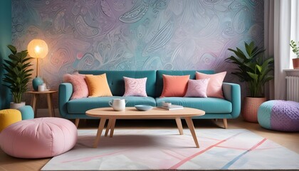 Scandinavian living room interior design zoom background,Doodle patterned wallpaper graphics