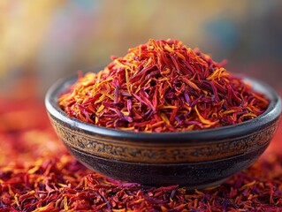 Fototapeta premium A vibrant bowl filled with saffron threads, showcasing the rich color and texture of this prized spice, perfect for culinary use.