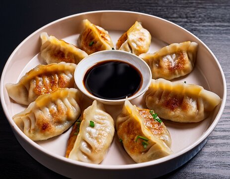 Eight boiled or fried jiaozi or gedza served with soy sauce.