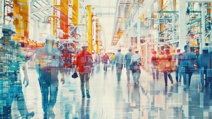 A bustling industrial space with people walking among machinery and vibrant colors.
