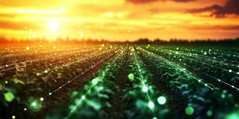 Fields of Crops in Radiant Sunset Glow, Green Plants Aligned in Neat Rows under Orange Sky.