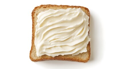 A slice of bread with a spread of cream cheese on top.