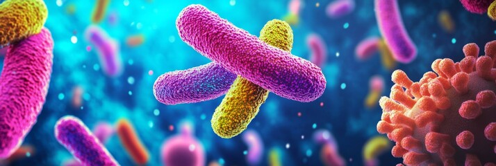 Naklejka premium Vibrant close-up of colorful bacteria in shades of pink, purple, yellow, and orange on a deep blue background.