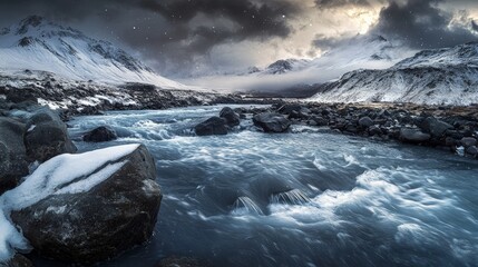Fototapeta premium Stunning Winter Landscape of a River Flowing Through Snowy Mountains
