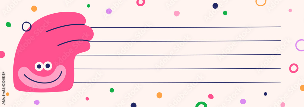 Aufkleber Funny notepad page design with cute happy face. Blank paper background with empty lines and playful whimsical comic character. Wide horizontal notebook, journal template. Flat vector illustration