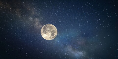 Fototapeta premium Majestic Night Sky with Full Moon, Stars, and Milky Way Galaxy, Creating Awe-Inspiring Visual Spectacle