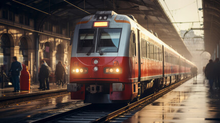 Naklejka premium Close-Up Photography of a Realistic Train Departing from a Train Station at Sunset, Showcasing the Vivid Details and Atmosphere of Urban Transport