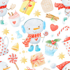 Watercolor Christmas seamless pattern winter background. Can be used for wrapping paper, textile, wallpaper, cards.