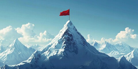 Majestic mountain peak with red flag, snow-covered, under blue sky, awe-inspiring scenery with waving flag and other mountains.