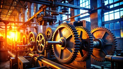 Closeup Silhouette of Machinery in a Factory with Vibrant Hues | Industrial Equipment, Factory Setting, Mechanisms, Engineering, Production Line, Colorful Background