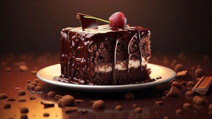 slice of chocolate cake with a cherry on top sits on a plate surrounded by chocolate pieces.