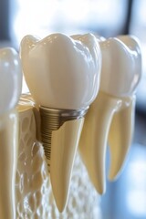 Detailed representation of dental implants on a model in a dental clinic, illustrating their design and intended dental function for patients seeking restoration