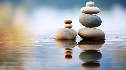 Two stacks of balanced stones sit on calm water, reflecting the tranquil scene.