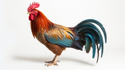 Fototapeta premium A Proud Rooster Displaying Vibrant Feathers and Striking Colors in a Realistic Photography Style with Soft Background