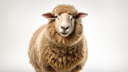 Fototapeta premium A fluffy brown sheep looks directly at the camera against a white background.