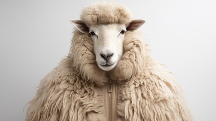 A fluffy sheep wears a fluffy jacket, looking straight at the camera.