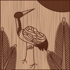 木彫り正方形花札　睦月　松　鶴　1月　松に鶴