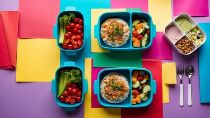 Lunchboxes with nutritious food displayed against a vivid paper backdrop. A concept for healthy eating in the workplace.