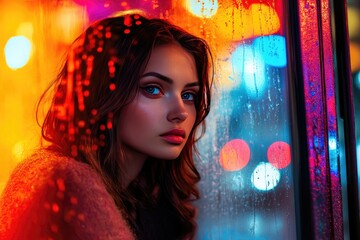 Woman with Blue Eyes Gazing Through a Rainy Window in a City at Night