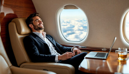 A relaxed businessman in a private jet, exuding luxury and efficiency.

