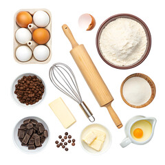ingredients for baking and utensils isolated