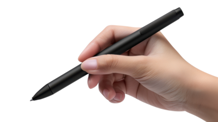 Hand holding a black marker on white transparent background
