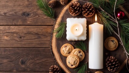 Merry Christmas and Happy New Year inscription and candle with decorations