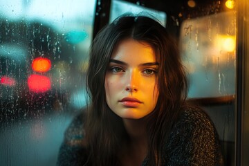 Woman's Face Viewed Through Wet Glass with City Lights in the Background