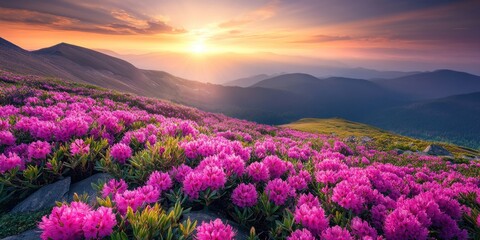 Pink Flowers on a Mountain at Sunset.
