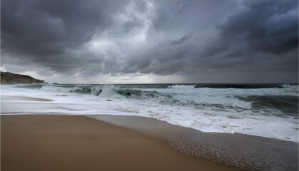 Stormy Seascape: Dramatic ocean waves crash on a sandy beach under a brooding, gray sky. The impending storm creates a powerful and evocative image. 