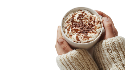 Hand hold cup of hot chocolate cocoa drink on white transparent background
