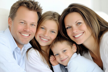 Fototapeta premium A happy family portrait featuring parents and their two young daughters smiling warmly while sitting together on a couch.