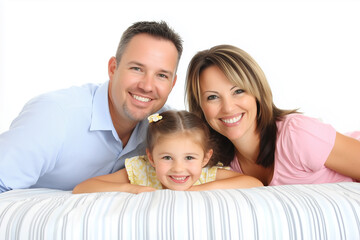 Fototapeta premium A happy family portrait featuring parents and their two young daughters smiling warmly while sitting together on a couch.