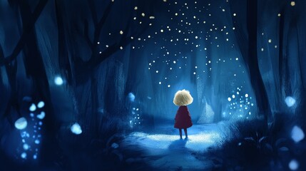 Fototapeta premium young tiny girl explore in forest full of glitter glow of firefly