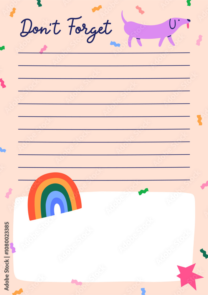 Poster notebook page design with funny colorful doodle elements. comic-style notepad paper, vertical backgr