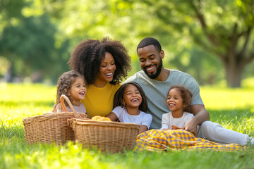 A happy family portrait featuring parents and their two young daughters smiling warmly while sitting together on a couch.