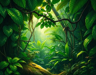 Obraz premium Lush Jungle Scene with Dense Tropical Greenery and Sunlight, Photographic Nature Background