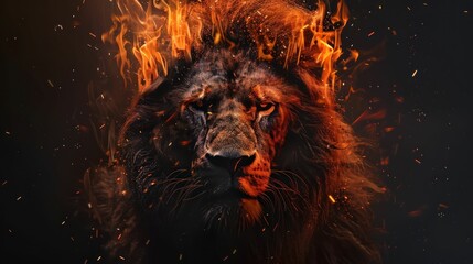 Naklejka premium A fierce lion with a fiery mane, symbolizing strength and power amidst a dark background.
