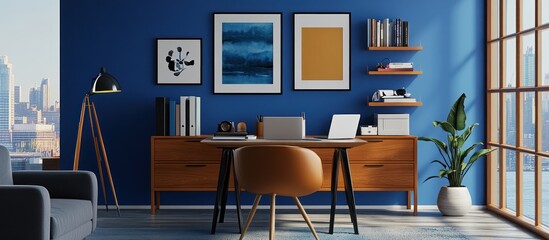A modern home office with a wooden desk, chair, and a large window overlooking a city skyline. 