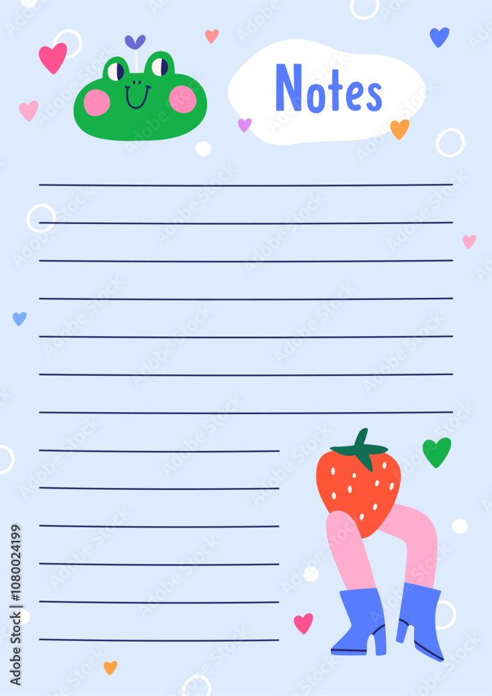Poster Notebook page design in funny doodle style. Notepad paper sheet, vertical background with whimsical comic humor elements, empty blank lines for notes writing. Childish flat vector illustration
