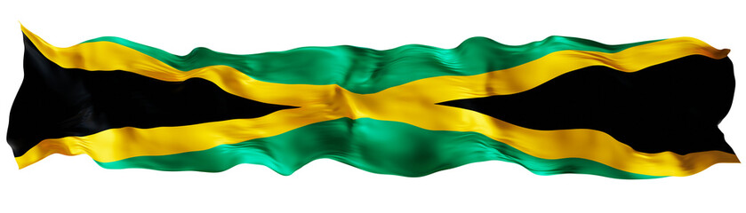 Stylized flag of Jamaica waving in the wind on transparent background. Footer, header or divider. Cut out wide, panoramic element. Banner for patriotic themes or national event promotions. 3D.