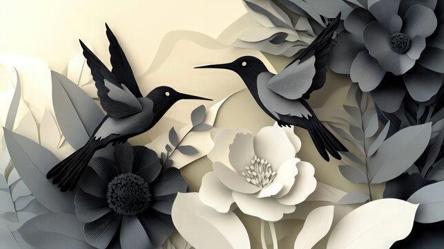 monochromatic paper-cut illustration featuring a mix of hummingbirds and tropical flowers. The artwork transitions from a light top left to a dark bottom right, creating a dramatic 