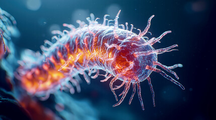 Microscopic view of a vibrant, glowing microorganism