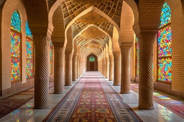 Obraz premium Stunning Interior of Mosque With Captivating Stained Glass Windows and Pillars