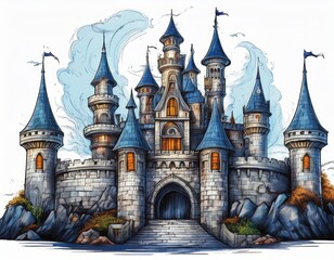 Fairy Tale Castle with blue roofs. Illustration on white background