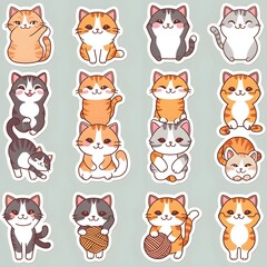 Obraz premium Adorable Cartoon Cats Stickers: A Collection of Cute Feline Illustrations