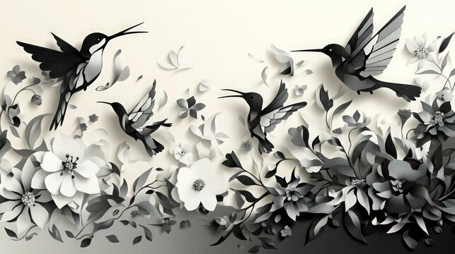 A monochromatic paper-cut illustration with an intricate combination of hummingbirds and floral designs. The artwork transitions from a light top left to a dark bottom right