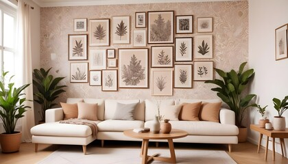 Scandinavian living room interior design zoom background,Doodle patterned wallpaper graphics